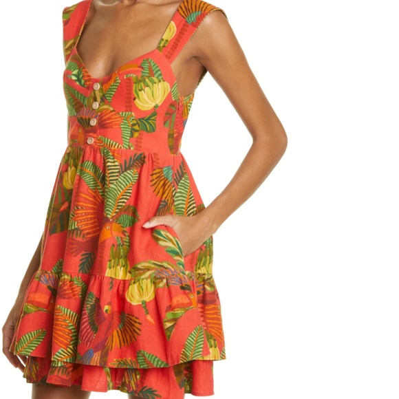 NWT $165 FARM RIO Forest Birds Tiered Linen Blend Dress in size XS and Small! - Picture 5 of 12